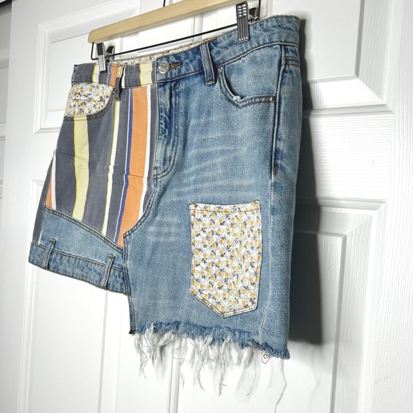 BDG Denim Mini Skirt Asymmetrical‎ Patchwork Striped Floral Size Large - Picture 3 of 7